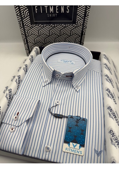 Slim Fit Uzun Kol Premium Çizgili Yaka Düğmeli Hediye Kutulu Erkek Gömlek Fs-004440 - Açık Mavi-3183 Açik Mavi