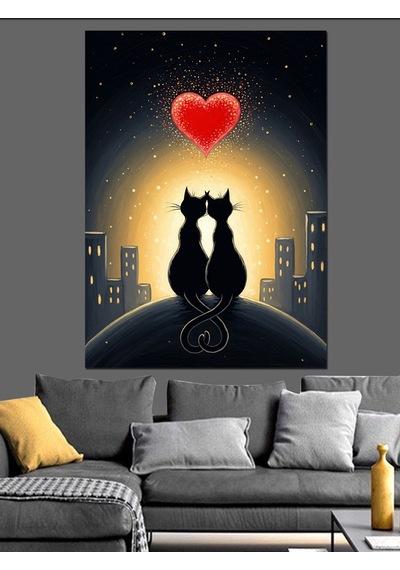 Ahşap Tablo İki Kedi Kalp Sevgisi Aşk Ve Şehir Çocuk Odası Tabloları