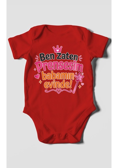 Morivokids Ben Zaten Prensesim Babamın Evinde Kısa Kollu Bebek Body %100 Pamuk Kırmızı