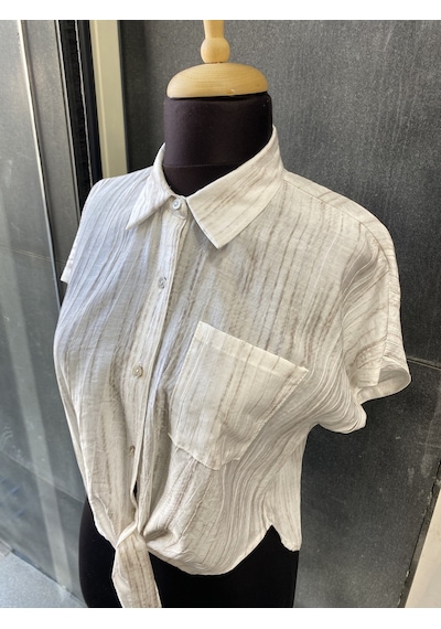 Pera Moda Önden Bağlamalı Keten Görünümlü Viskon Crop Gömlek Beyaz