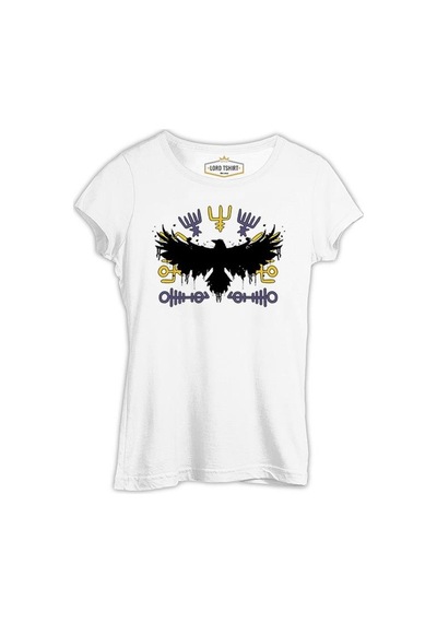 Raven Silhouette With Viking Symbols Beyaz Kadın Tshirt 001