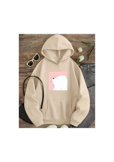 Herkesemoda Sevimli Panda Baskı Detaylı Kapüşonlu Sweatshırtk Bej Bej