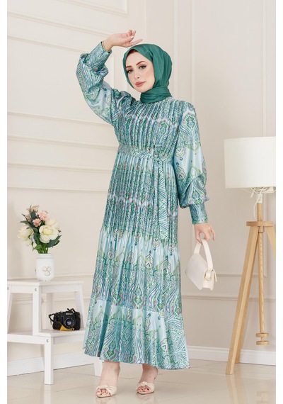 Sevitli Piliseli Eteği Volanlı Saten Mona Elbise-mint Yeşili-5073 Mint Yeşili