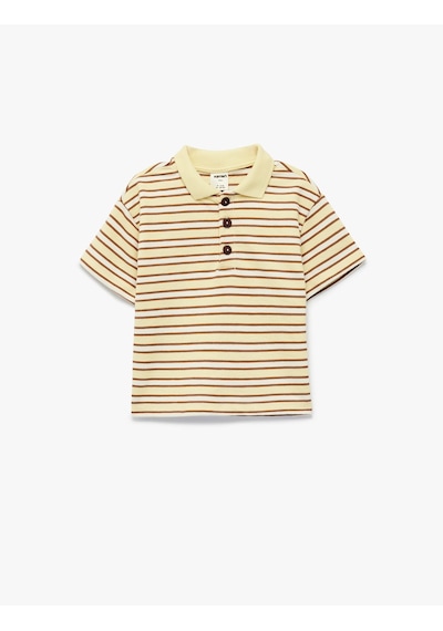 Koton Pamuklu Düğmeli Kısa Kollu Oversize Çizgili Polo Yaka Tişört Sarı Çizgili 6smb10106tk Sarı