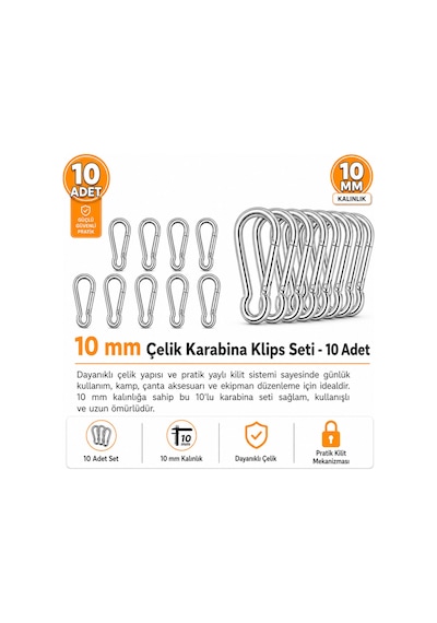 10 Mm Çelik Karabina Klips Seti 10 Adet Dayanıklı Yaylı Kilitli Karabina Kanca Gümüş