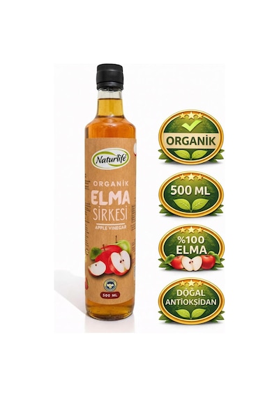 %100 Organik Elma Sirkesi 500 Ml - Doğal Fermente, Filtresiz, Sirke Anası İçeren Cam Şişe