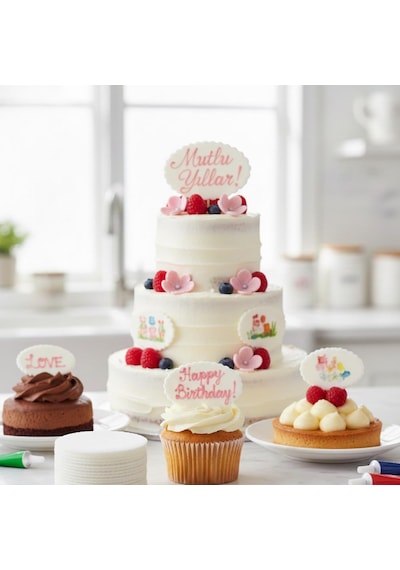 Oval Yazı Plakası 24 Adet Pasta, Cupcake Ve Tatlı Üstü Yenilebilir Dekor