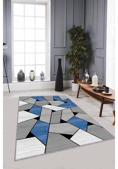 Mavi Geometrik Kaymaz Tabanlı Makinede Yıkanabilir Halı Wl07n11
