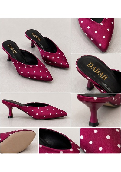 Dabab Shoes Sevılla Puantiye Desenli Bordo Saten Sivri Burunlu 5 Cm İnce Topuklu Mule Terlik