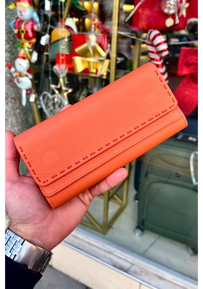 Turuncu Saraç Dikişli Hakiki Deri Kadın Cüzdan 19x9cm Turuncu
