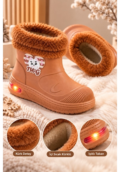 Muggo Muppy Işıklı Kürk Detaylı Unisex Çocuk Günlük Yağmur Ve Kar Botu Taba