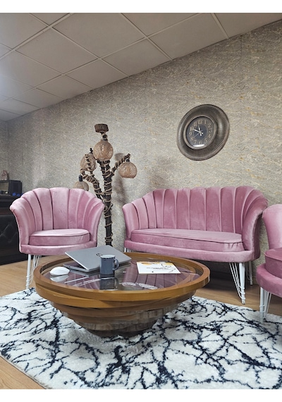 Zafir İstiridye Takım Beyaz Boyalı Telli Ayak Çay Seti Koltuk Takımı Pembe