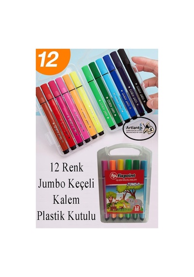 Jumbo Keçeli Kalem 12 Renk 1 Paket Fixpoint 12 Li Jumbo Keçeli Kalem Canlı Renkler Yıkanabilir Kaliteli Okul Öğrenci