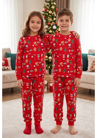 Bmt Bebek %100 Pamuk Kırmızı Yılbaşı Temalı Çocuk Pijama Takımı 3-12 Yaş