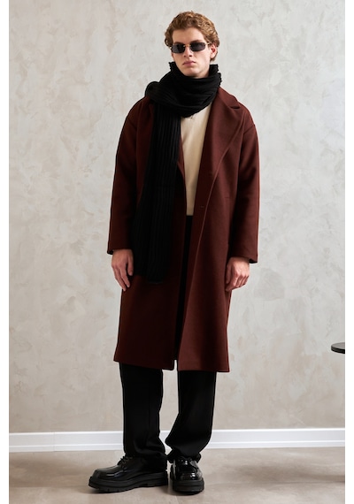 Hyman Erkek Oversize Astarlı Uzun Kaşe Kaban Koyu Kahverengi