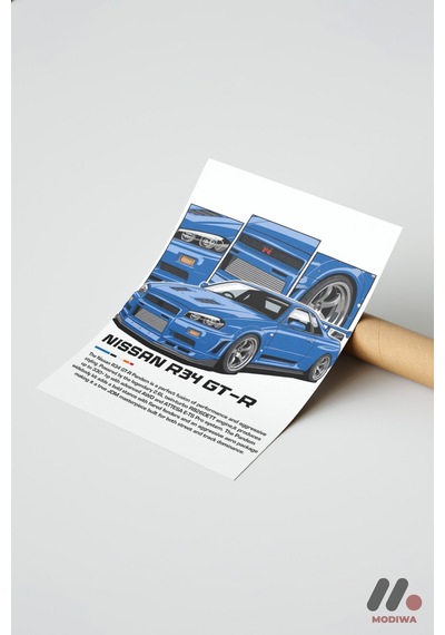 Nissan Skyline R34 Gt-r Mavi Jdm Poster, Çerçevesiz Yüksek Kalite Duvar Afişi - Oto Severlere Özel H