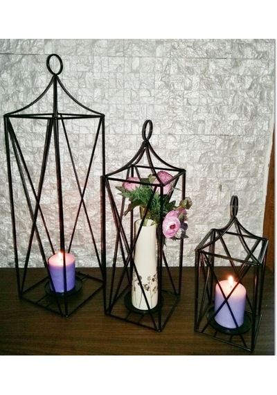 Vintage Rustic Dizayn Ferforje Metal Kafes 3'lü Fener Mumluk