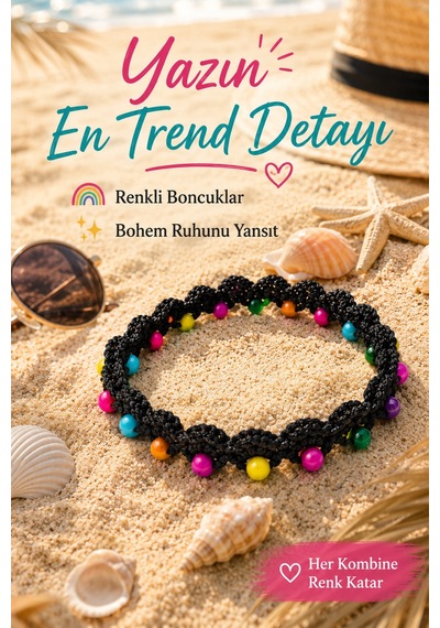 El Örgüsü Halhal Kadın Ayak Bilekliği Boncuklu İnci Renkli Gelinlik Detaylı Bohem Yazlık Ayarlanabilir Halhal Siyah