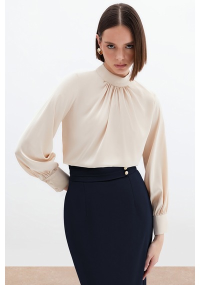 Sateen Yaka Detaylı Saten Bluz - Bej-130534 Bej