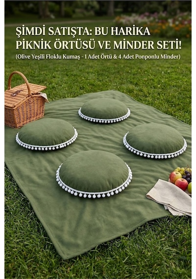 Zeytin Yeşili Haki Ponponlu Piknik Örtüsü Ve 4 Adet Minder Seti Bahçe Ve Kamp Örtüsü Düz Renk Şık Set Çok Renkli Zeytin Yeşili Haki Ponponlu Piknik Örtüsü Ve 4 Adet Minder Seti Bahçe Ve Kamp Örtüsü Düz Renk Şık Set Çok Renkli