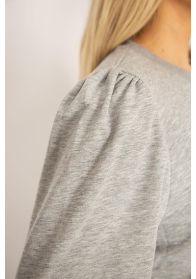 Şans Kadın Büyük Beden Gri 3 İplik Kalın Ön Baskılı Omuz Büzgülü Ribanalı Sweatshirt 65n37105-gri Gri
