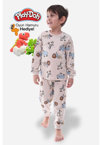 Zuzunga Animal Desenli İnterlok %100 Pamuk Çocuk Pijama Takımı 4'lü Oyun Hamuru Hediye Bej