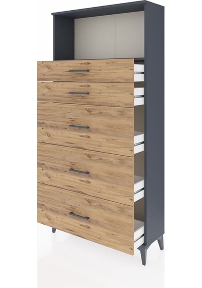 Arges Dolap Tek Raflı 5 Çekmeceli 88x30x182 Antrasit-çam Antrasit