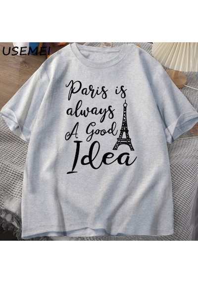 Flood Of Style Erkekler T En Kaliteli Baskı Paris T-shirt Rahat Tatil Moda O Boyun Kazak Pamuk Kısa K Gri