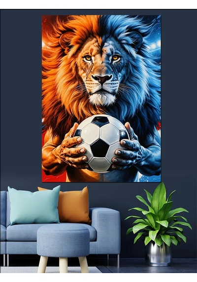 Ahşap Tablo Futbol Topu Tutan Aslan