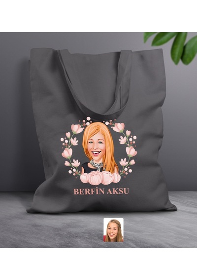 Bk Gift Kişiye Özel Anneler Günü Karikatürlü Antrasit Kumaş Bez Çanta, Baskılı Omuz Çantası, Alışveriş Çantası, Anneye Hediye-3 Antrasit