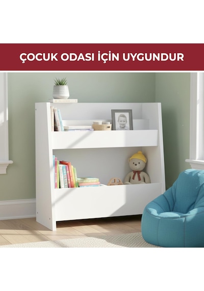 Montessori Ahşap 2 Bölmeli Kitaplık Ve Düzenleyici Eğimli Tasarım, Renkli Yıldız Detaylı Bej - Beyaz