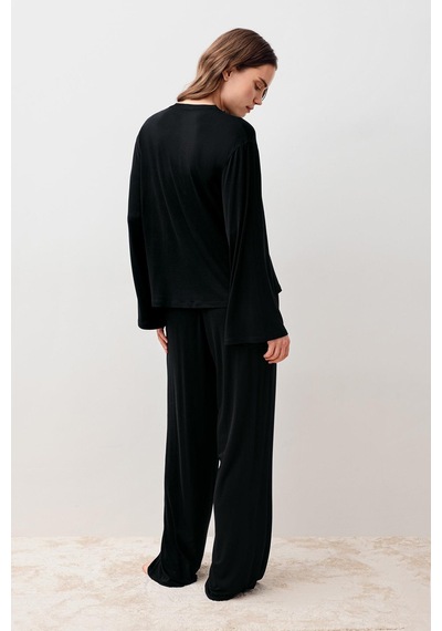 Uzun Kollu Oversize Basic Likralı Viskoz Alt Üst Takım 20210 Siyah