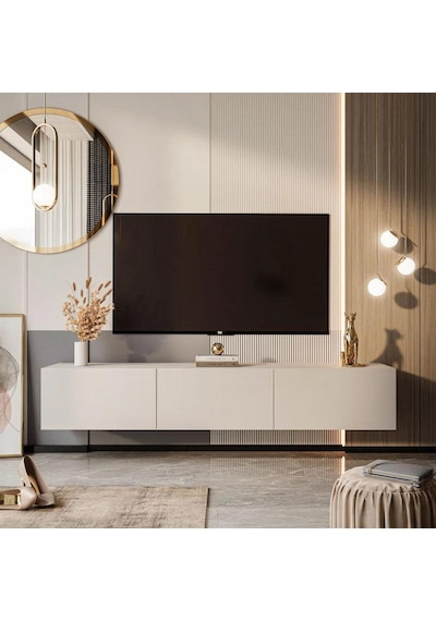 Tv Ünitesi Tv Sehpası Alt Modül 200 Cm Krem Mdf