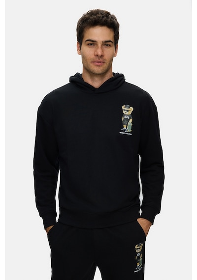 UCLA Savıo Siyah Kapüşonlu Pamuklu Baskılı Loose Fit Erkek Sweatshirt