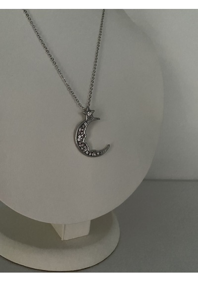Ay Figürlü Mini Yıldız Detaylı Kolye Gümüş Renk Mor