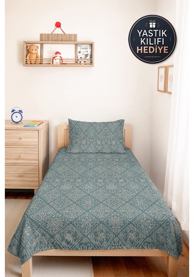 Mavi Etnik Geometrik Tek Kişilik Pike Takımı - Bohem Turkuaz Beyaz 160x220 Cm Mevsimlik Yatak Örtüsü Mat Yosun Serinliği