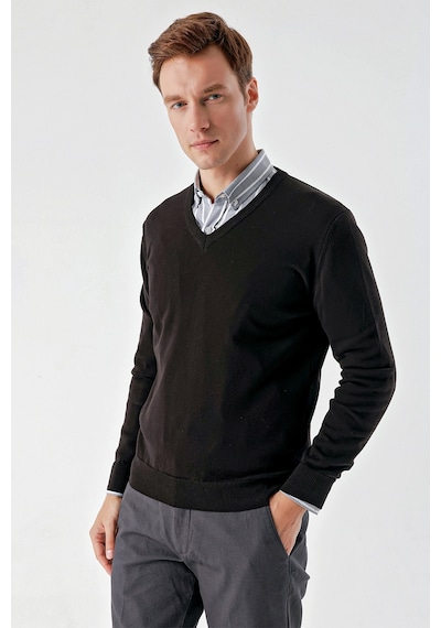 Morven Erkek Siyah Basic V Yaka Dynamic Fit Rahat Kesim Triko Siyah
