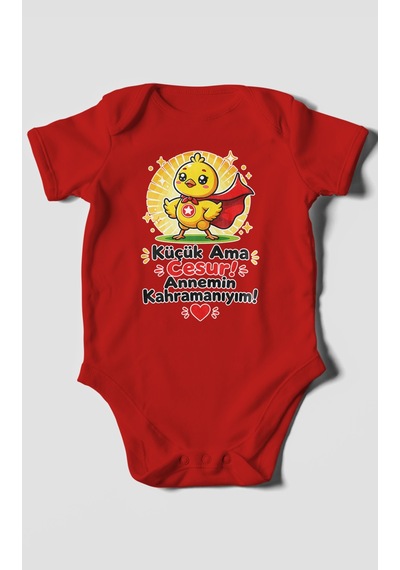 Morivokids Küçük Ama Cesur Annemin Kahramanıyım Kısa Kollu Bebek Body %100 Pamuk Kırmızı