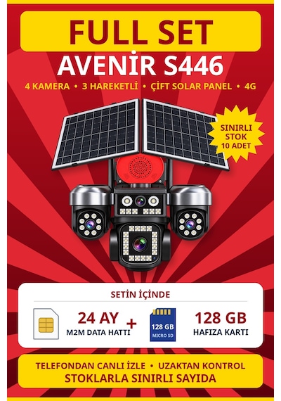 Avenir S446 4 Kameralı 3 Motorlu 4G Çift Güneş Panelli Solar Kamera Full Set + 128 GB Hafıza Kartı