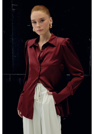Sateen Vatkalı Saten Gömlek - Bordo-136728 Bordo