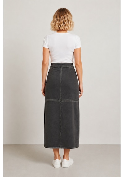 Bihan Store Önü Fermuarlı Yüksek Bel Denim Maxi Etek Y25-7581-füme