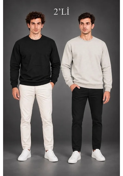 Butik İstanbul Erkek 2li Bisiklet Yaka İçi Şardonlu 2 İplik Düz Uzun Kollu Regular Fit Sweatshirt - Siyah - Gri Çok Renkli