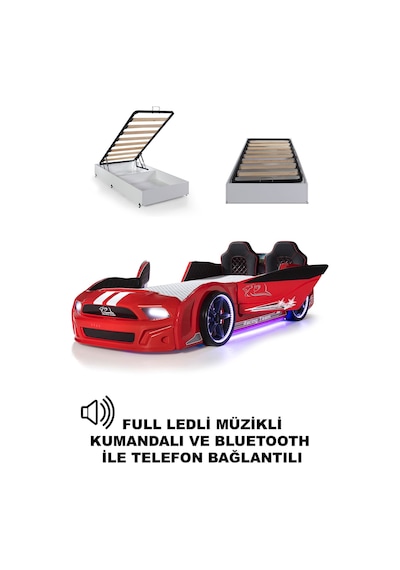 Bazalı Arabalı Yatak Kırmızı Kapıları Açılan Mustang Full Ledli Kumandalı Ve Müzikli 90x190 Cm Bazalı Arabalı Yatak Kırmızı Kapıları Açılan Mustang Full Ledli Kumandalı Ve Müzikli 90x190 Cm
