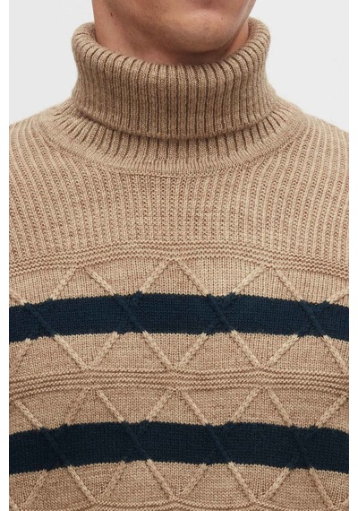 D's Damat Regular Fit Camel Çizgili Tüylenme Yapmayan Tam Balıkçı Yaka Erkek Triko Kazak 3HC0618ORTCKZK - Camel