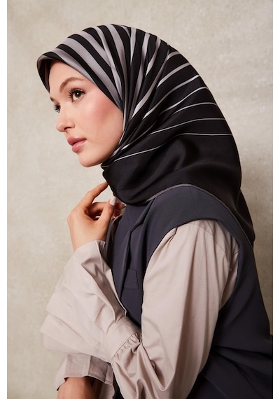 Levidor Şerit Desen Twill İpek Eşarp-0909 Gri