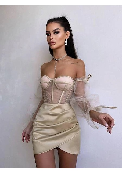 Havens Rosalıne Tül & Saten Detaylı Elbise Krem