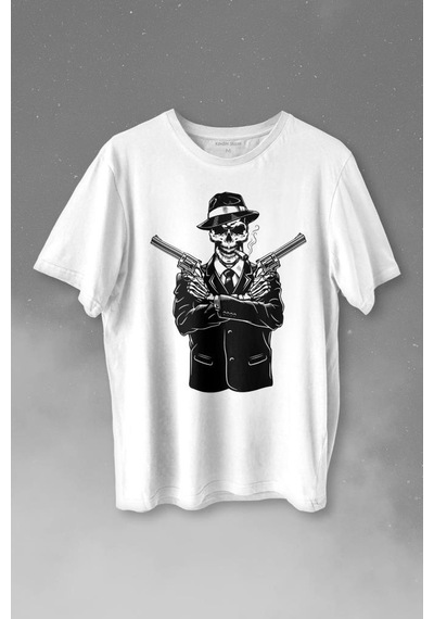 Skeleton Gangster Revolvers Suit Tabanca Baskılı Tişört Unisex T-shirt 001