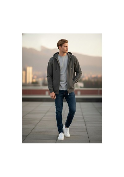 Mellorenzo Erkek Kapşonlu Fermuarlı Sweatshirt Koyu Gri Koyu Gri