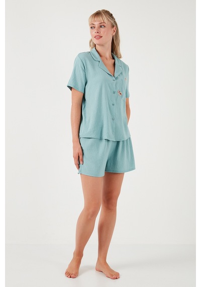 Lela Gömlek Yaka Beli Lastikli Kısa Kollu Şortlu Bayan Pijama Takımı 611Pt00123 Mint
