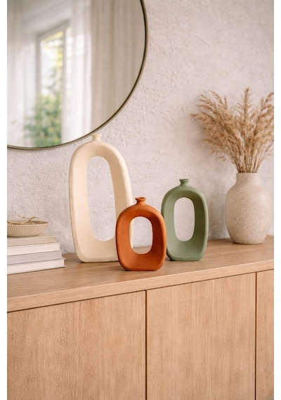 Modern Beton Dekoratif Vazo Seti 3 Lü Bohem & Minimal Tasarım 35 Cm 21 Cm 18 Cm Beyaz-adaçayı-tarçın